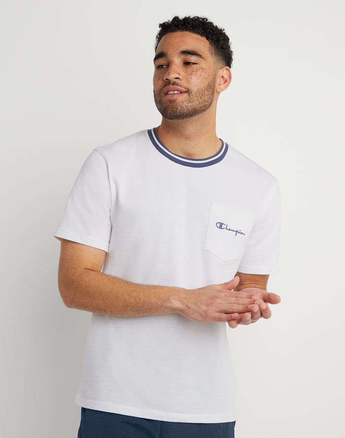 Champion T-Shirt Heren - Wit - Tipped Collar Pocket Embroidered Script Logo ( 840639-SWG )